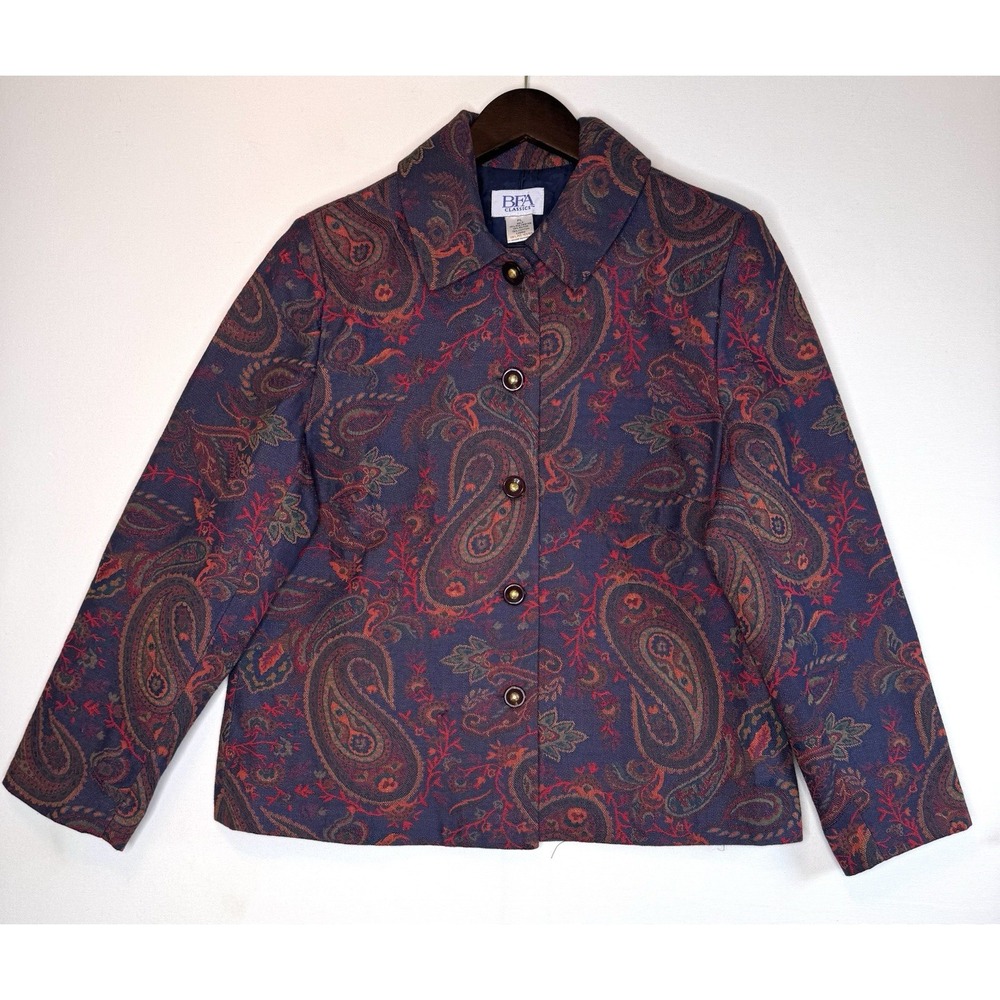 BFA Classics Womens Navy Blue Paisley Tapestry Button Front Jacket Blazer Sz PL